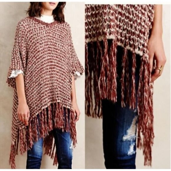 Anthropologie Moth Poncho Womens One Size Brown Ivory Amaris Fringe V Neck Boho - Picture 1 of 10